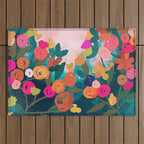 Abstract florals- pink and teal blue Outdoor Rug Gallery Image 1