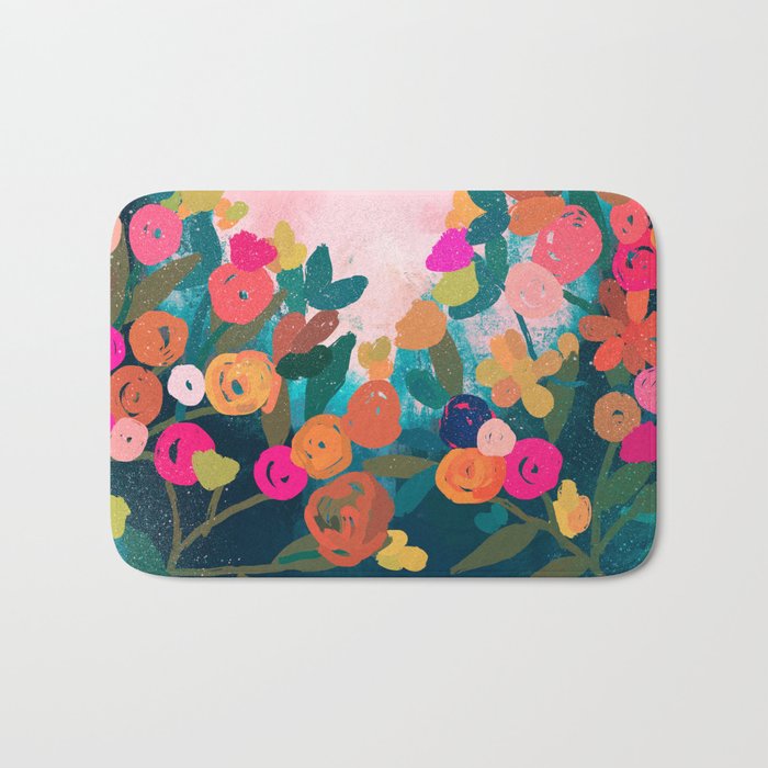 Abstract florals- pink and teal blue Bath Mat Gallery Image 1