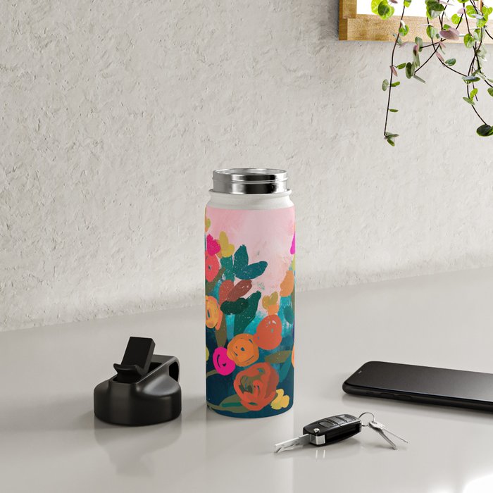 Abstract florals- pink and teal blue Water Bottle Gallery Image 4
