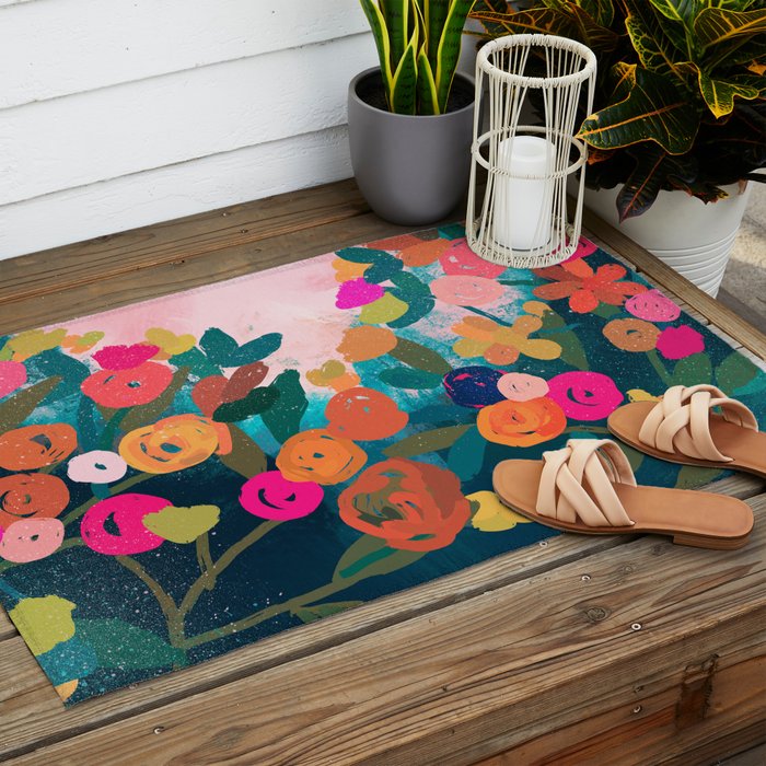 Abstract florals- pink and teal blue Outdoor Rug Gallery Image 2