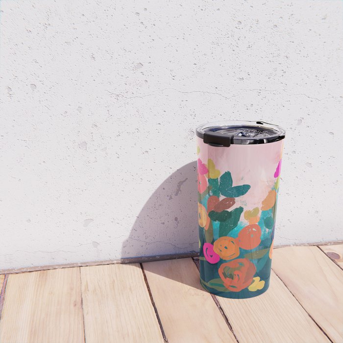 Abstract florals- pink and teal blue Travel Mug Gallery Image 4