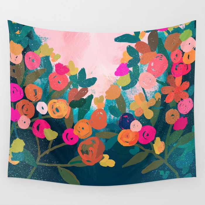 Abstract florals- pink and teal blue Wall Tapestry Gallery Image 1