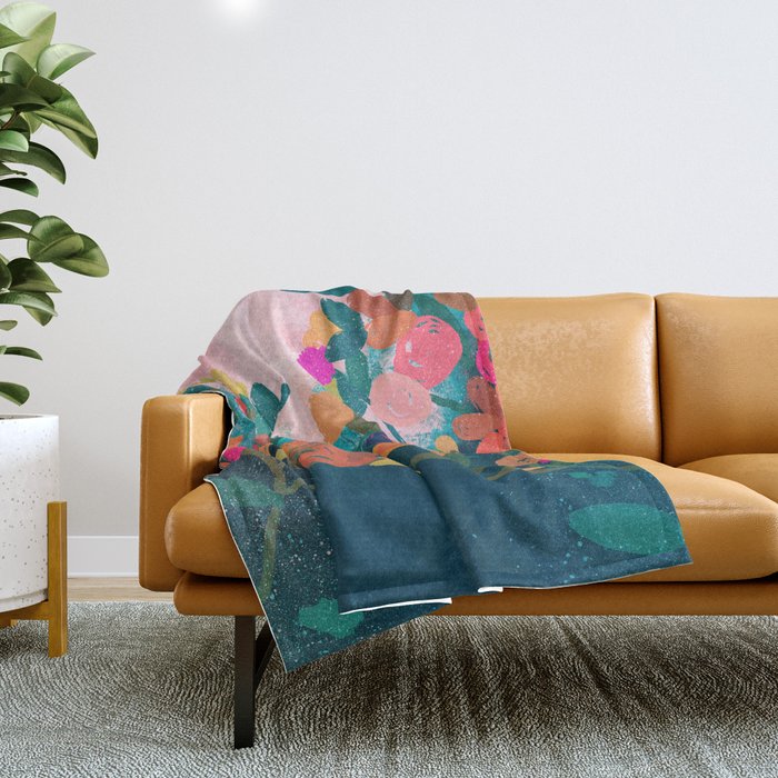 Abstract florals- pink and teal blue Throw Blanket Gallery Image 1