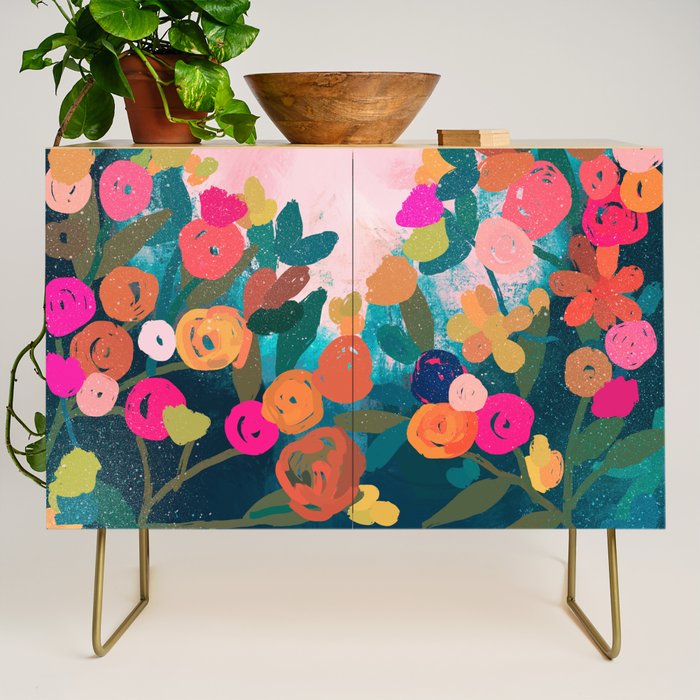 Abstract florals- pink and teal blue Credenza Gallery Image 1