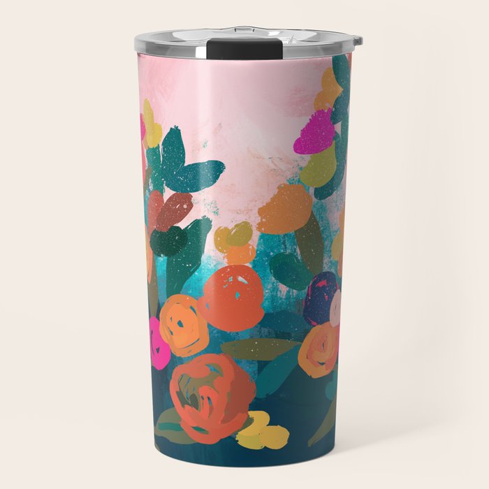 Abstract florals- pink and teal blue Travel Mug Gallery Image 1