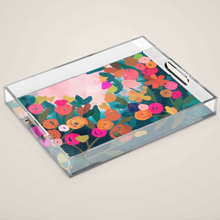 Abstract florals- pink and teal blue Acrylic Tray Gallery Image 1