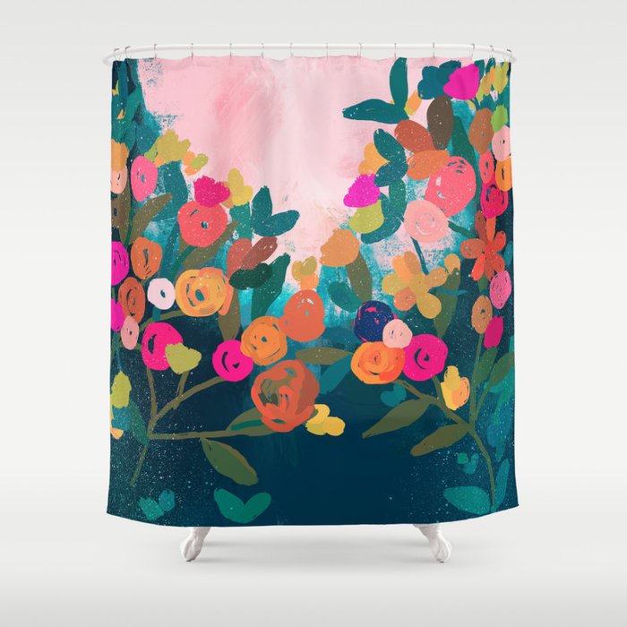 Abstract florals- pink and teal blue Shower Curtain Gallery Image 1