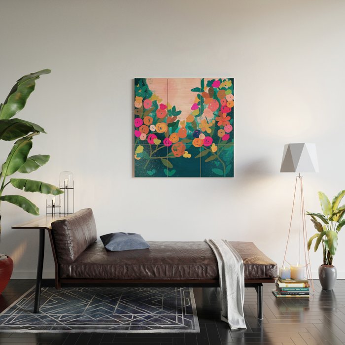 Abstract florals- pink and teal blue Wood Wall Art Gallery Image 2