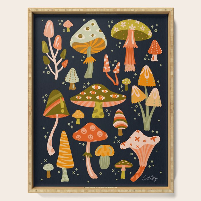 Mystic Mushrooms - Khaki & Green on Navy Serving Tray Gallery Image 1