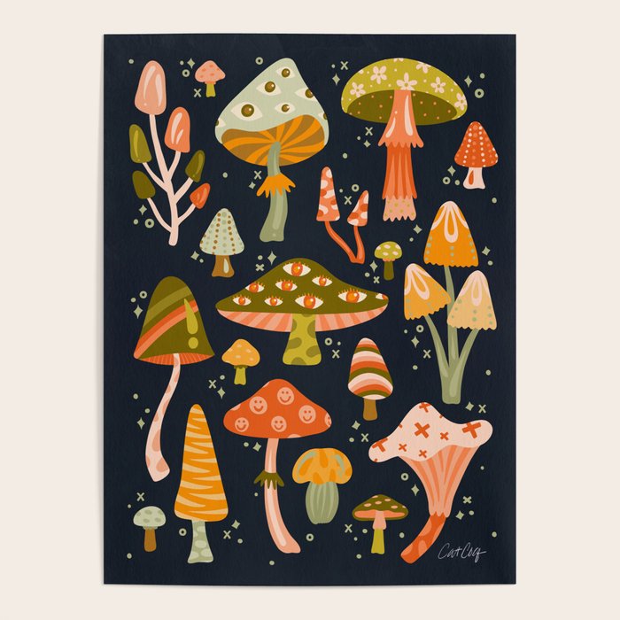 Mystic Mushrooms - Khaki & Green on Navy Poster Gallery Image 4