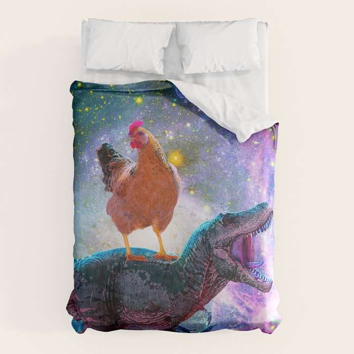 Chicken Riding Dinosaur In Space Duvet Cover Gallery Image 6