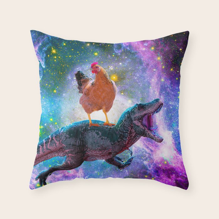 Chicken Riding Dinosaur In Space Throw Pillow Gallery Image 1