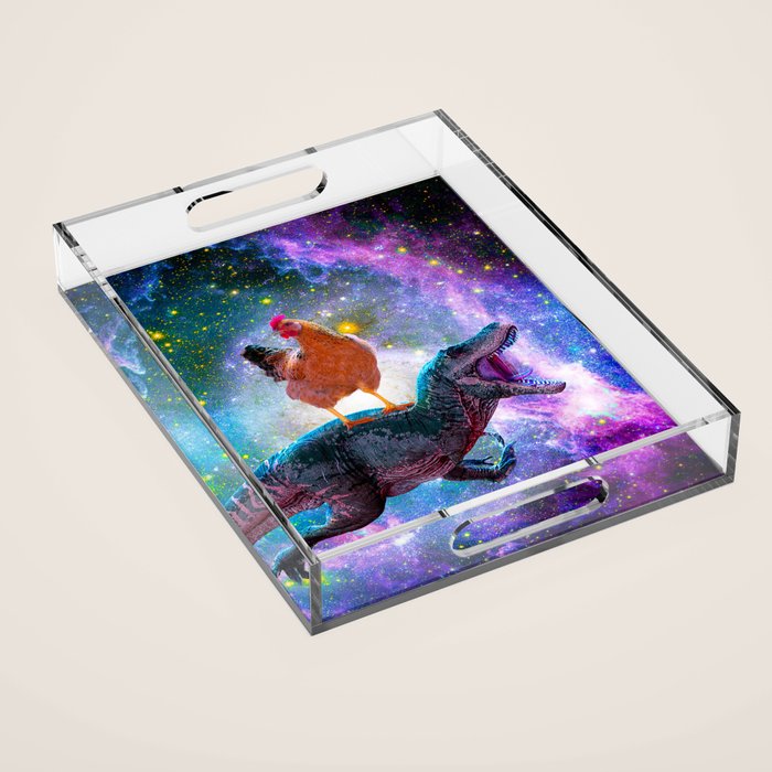 Chicken Riding Dinosaur In Space Acrylic Tray Gallery Image 1