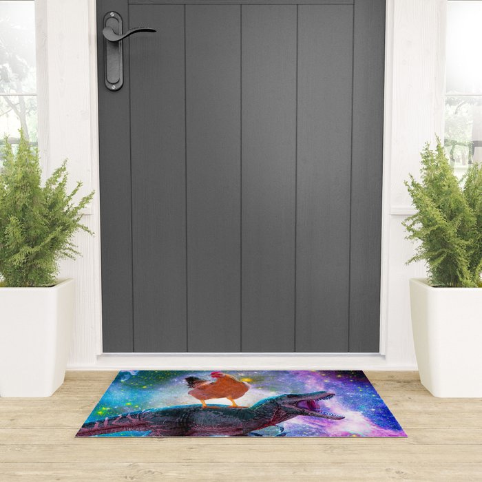 Chicken Riding Dinosaur In Space Welcome Mat Gallery Image 3