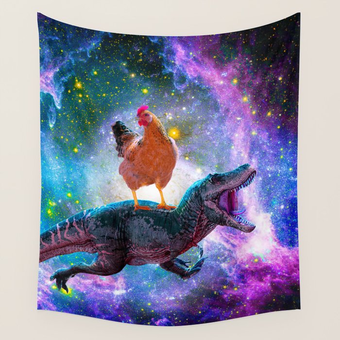 Chicken Riding Dinosaur In Space Wall Tapestry Gallery Image 4