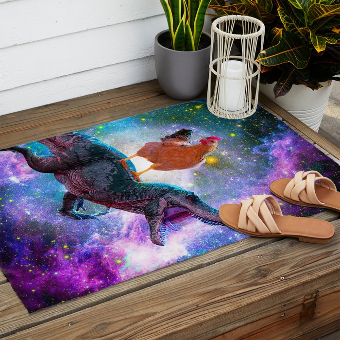 Chicken Riding Dinosaur In Space Outdoor Rug Gallery Image 2
