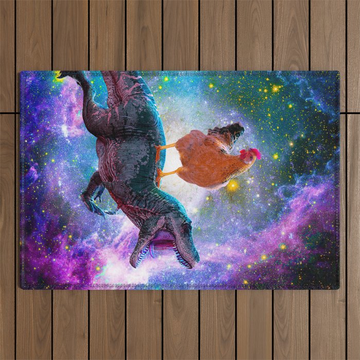 Chicken Riding Dinosaur In Space Outdoor Rug Gallery Image 1