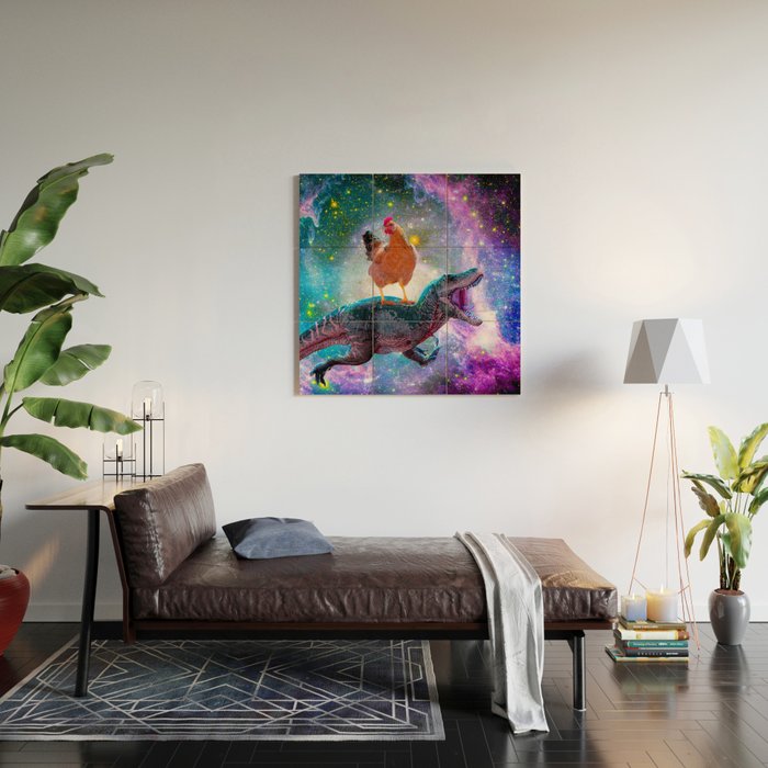 Chicken Riding Dinosaur In Space Wood Wall Art Gallery Image 2