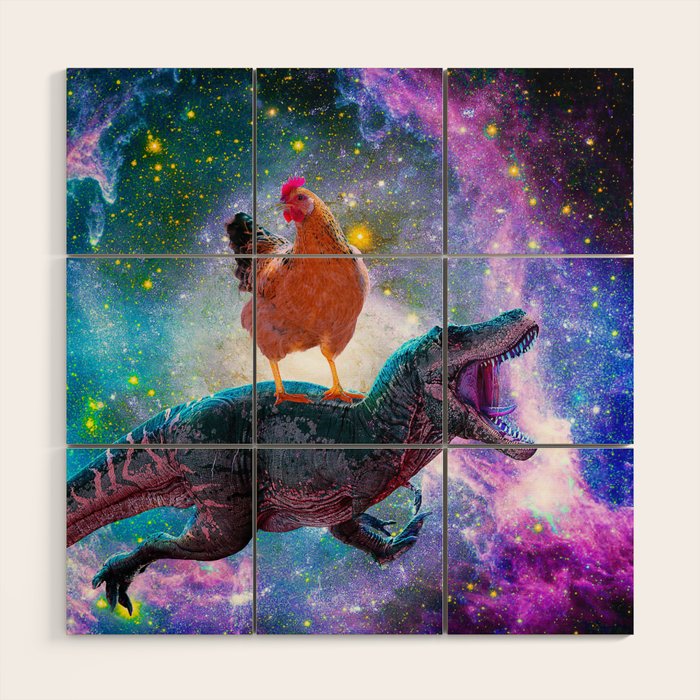 Chicken Riding Dinosaur In Space Wood Wall Art Gallery Image 1
