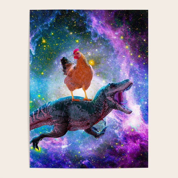 Chicken Riding Dinosaur In Space Poster Gallery Image 1