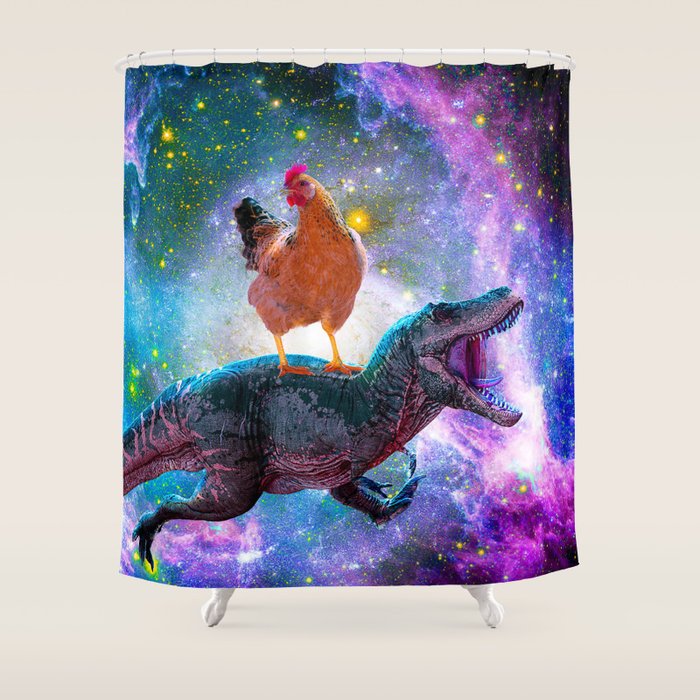 Chicken Riding Dinosaur In Space Shower Curtain Gallery Image 1