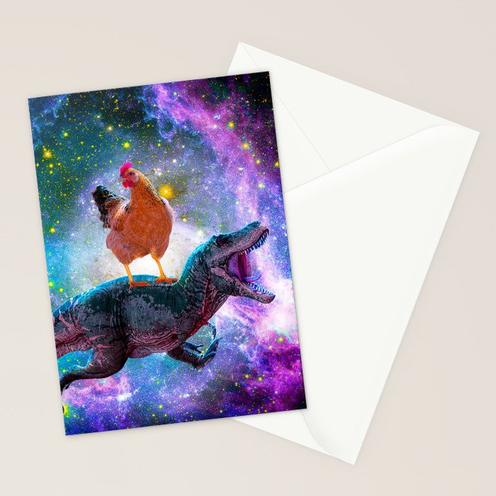 Chicken Riding Dinosaur In Space Stationery Card Gallery Image 2