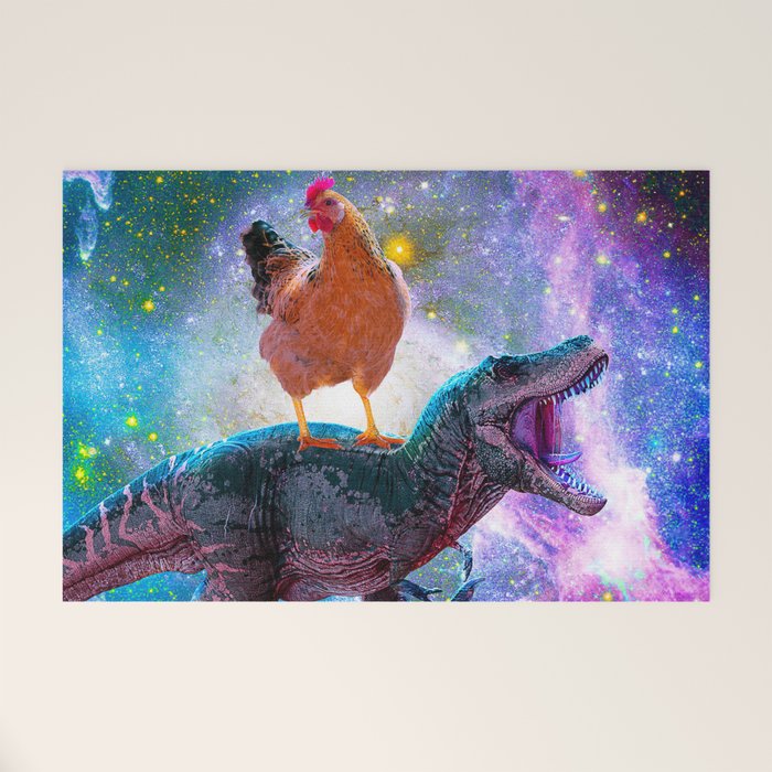 Chicken Riding Dinosaur In Space Welcome Mat Gallery Image 1