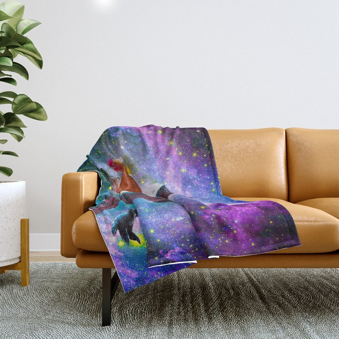Chicken Riding Dinosaur In Space Throw Blanket Gallery Image 1