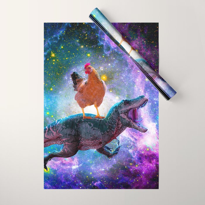 Chicken Riding Dinosaur In Space Wrapping Paper Gallery Image 1