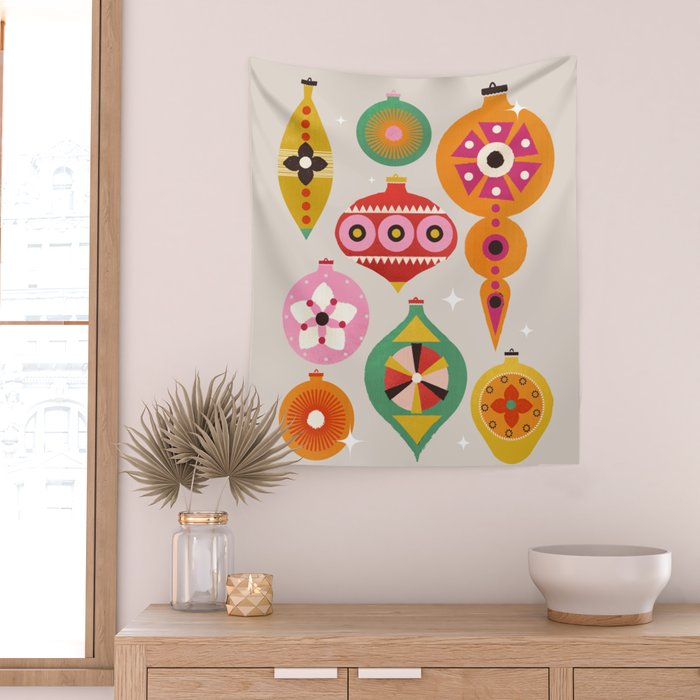 Christmas Tree Retro Ornaments Wall Tapestry Gallery Image 2