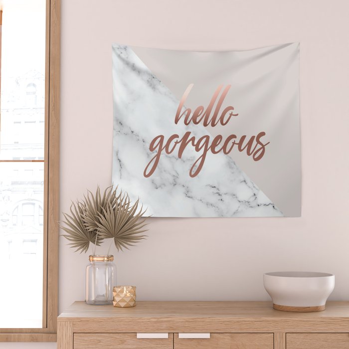 Hello Gorgeous, Rose Gold, Pink, Marble Wall Tapestry Gallery Image 2
