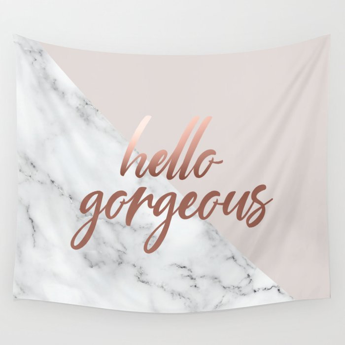 Hello Gorgeous, Rose Gold, Pink, Marble Wall Tapestry Gallery Image 1