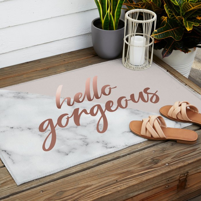 Hello Gorgeous, Rose Gold, Pink, Marble Outdoor Rug Gallery Image 2