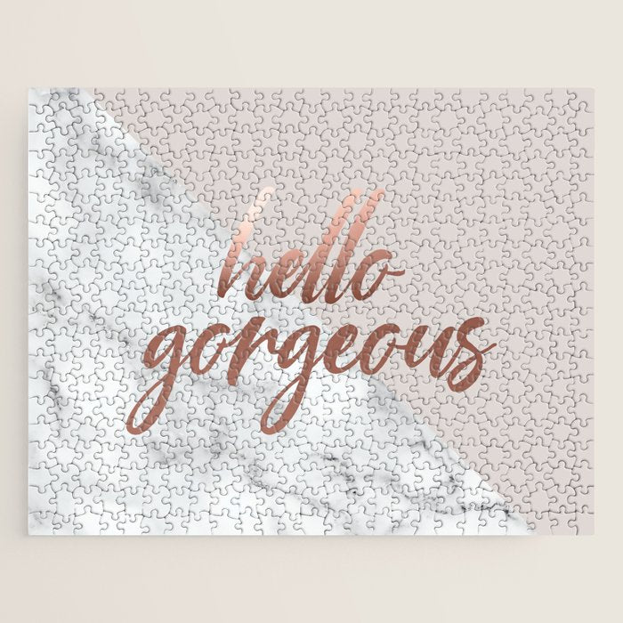 Hello Gorgeous, Rose Gold, Pink, Marble Jigsaw Puzzle Gallery Image 1
