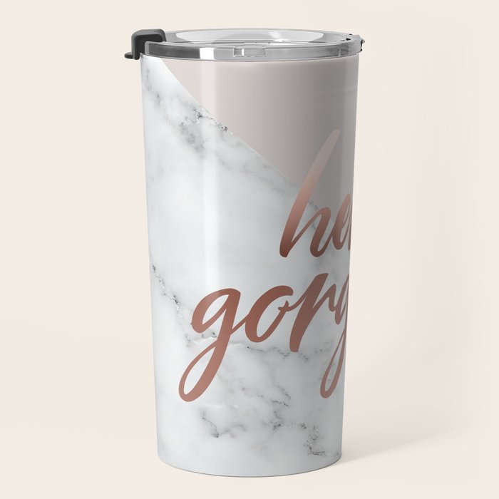 Hello Gorgeous, Rose Gold, Pink, Marble Travel Mug Gallery Image 3