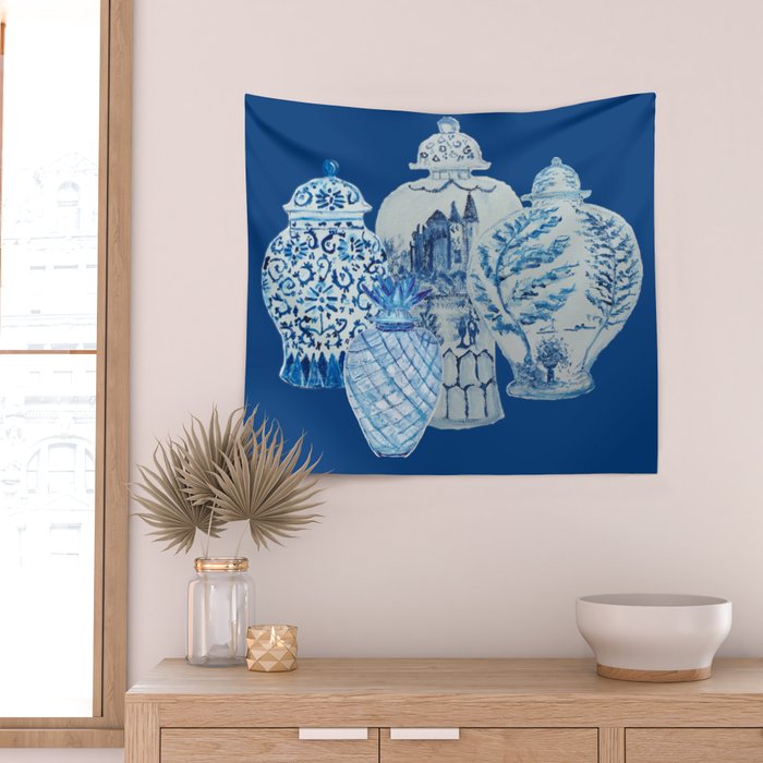 4 Four 4 Blue and White Ginger Jars  Wall Tapestry Gallery Image 2
