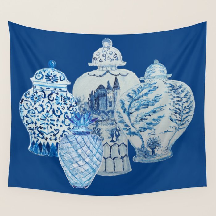 4 Four 4 Blue and White Ginger Jars  Wall Tapestry Gallery Image 1