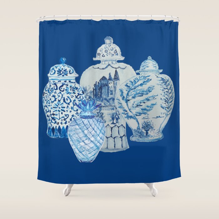 4 Four 4 Blue and White Ginger Jars  Shower Curtain Gallery Image 1