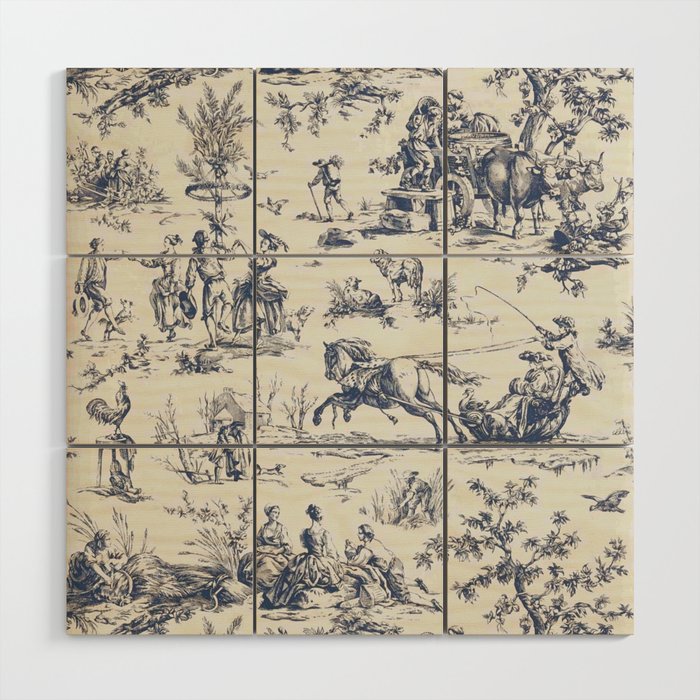 Blue Toile de Jouy Wood Wall Art Gallery Image 1