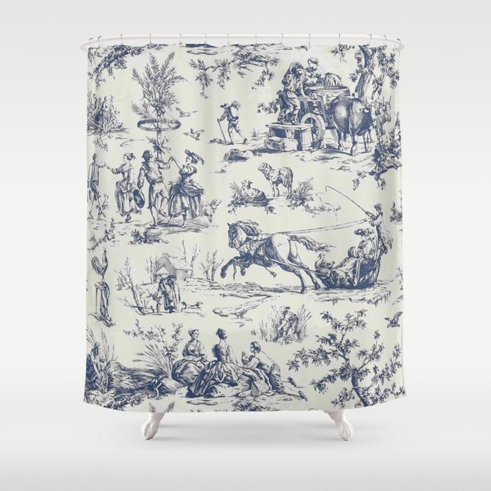Blue Toile de Jouy Shower Curtain Gallery Image 1
