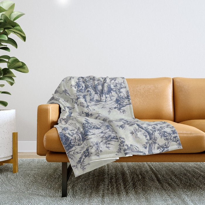 Blue Toile de Jouy Throw Blanket Gallery Image 1