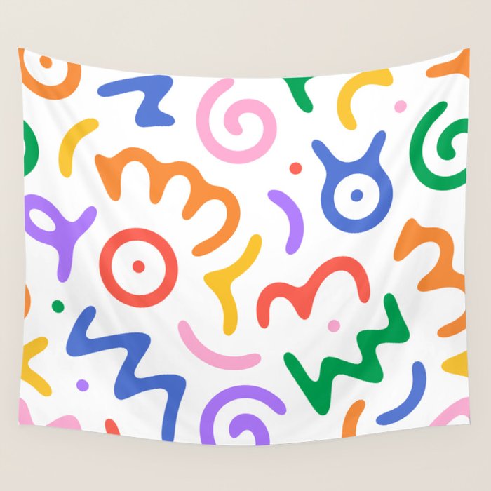 Colorful fun doodle symbol art pattern Wall Tapestry Gallery Image 1