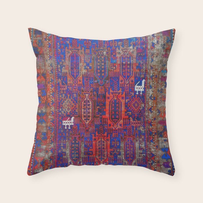 Antique Timuri Bird Baluch Main Carpet Print Throw Pillow Gallery Image 6