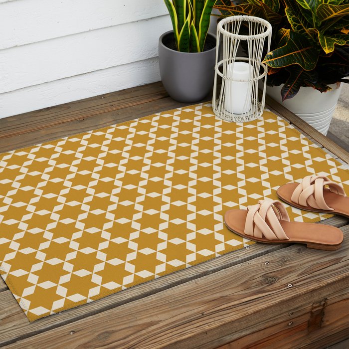 Star Tiles Pattern in Dark Mustard and Cream Outdoor Rug Gallery Image 2
