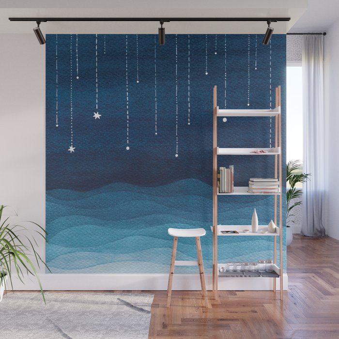 Falling stars, blue, sailboat, ocean Wall Mural Gallery Image 1