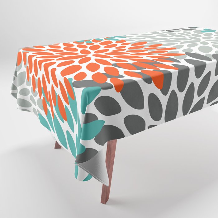 Orange and Teal Floral Abstract Print Tablecloth Gallery Image 1