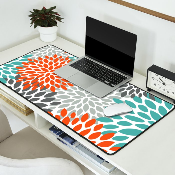 Orange and Teal Floral Abstract Print Desk Mat Gallery Image 2