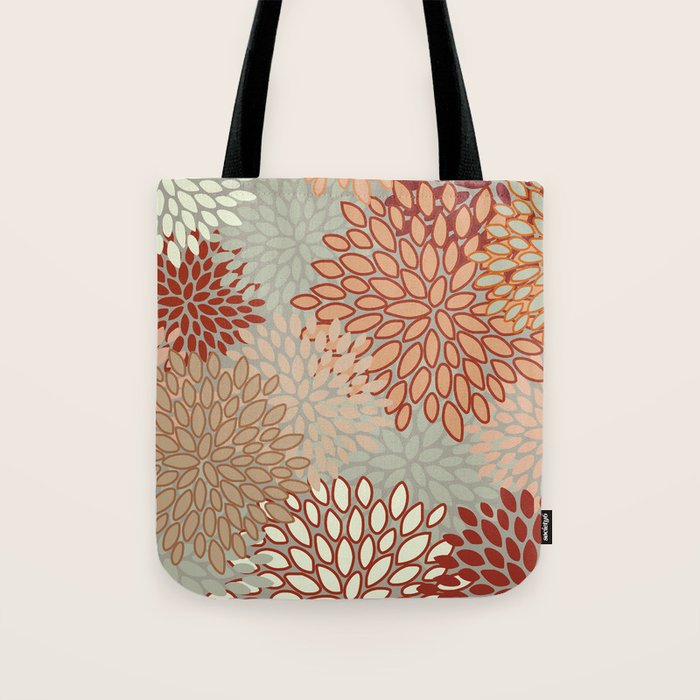 Festive, Floral Prints, Green, Terracotta, Red, Coloured Prints Tote Bag Gallery Image 1