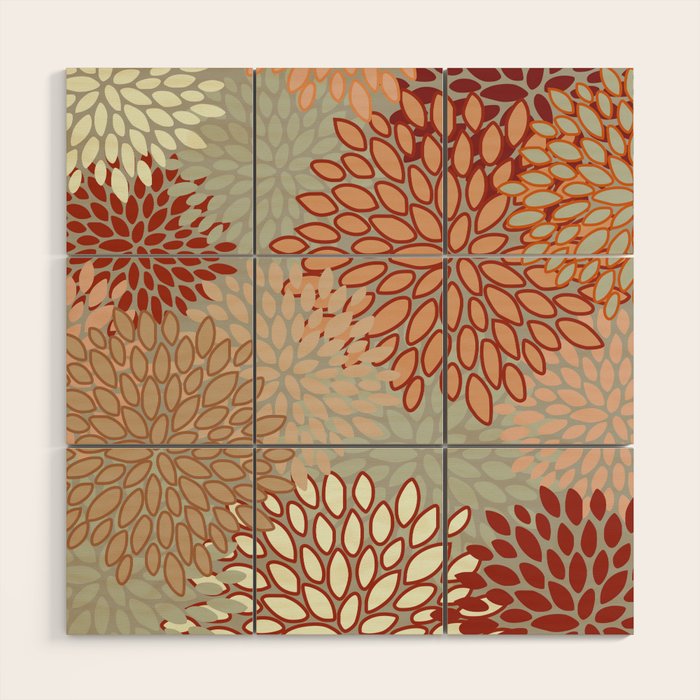 Festive, Floral Prints, Green, Terracotta, Red, Coloured Prints Wood Wall Art Gallery Image 1