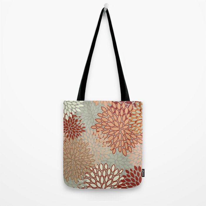 Festive, Floral Prints, Green, Terracotta, Red, Coloured Prints Tote Bag Gallery Image 2